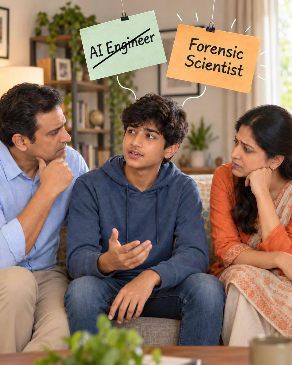 A teenage student telling thoughtful parents about a new career idea: yesterday AI Engineer, today Forensic Scientist